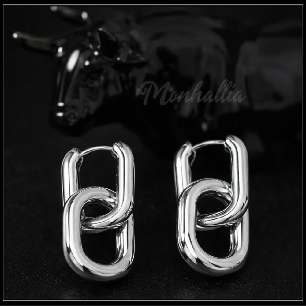New Polished Silver Double Link Power Hoop Earrings - Women Jewelry